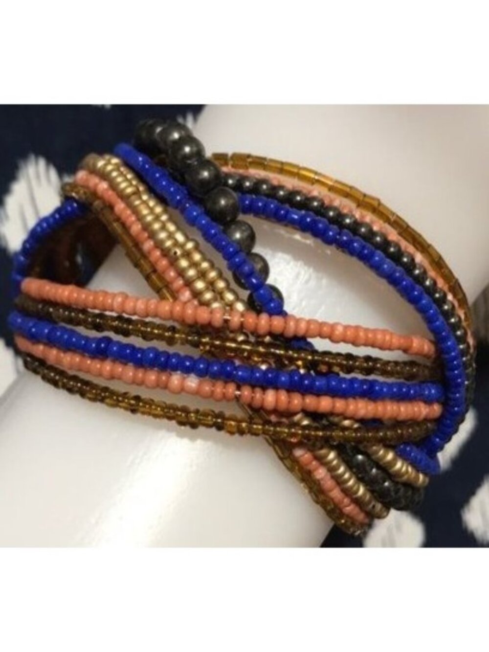 Beaded Multicolor Crossover Bracelet With Blue Coral Gold & Bronze Beads - Vinta